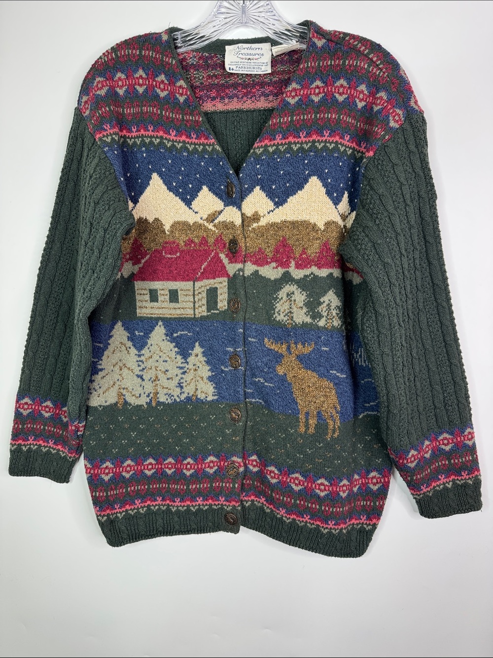 Vintage Northern Treasures Cabin Moose Landscape Knit Button Cardigan Sweater